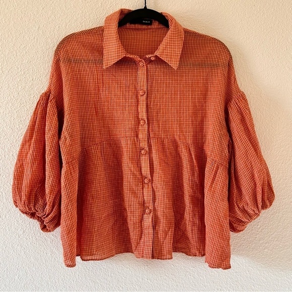 ON BLUE Women Small Boho Bell Sleeve Button Up Cottage Core Oversized Gingham - Picture 1 of 13